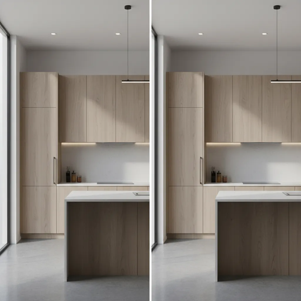 Comparison of satin and semi-gloss kitchen wall paint finishes under lighting