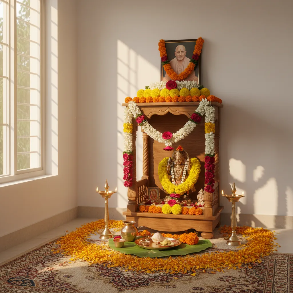 Simple home Satyanarayan Pooja setup decorated with flowers and brass lamps