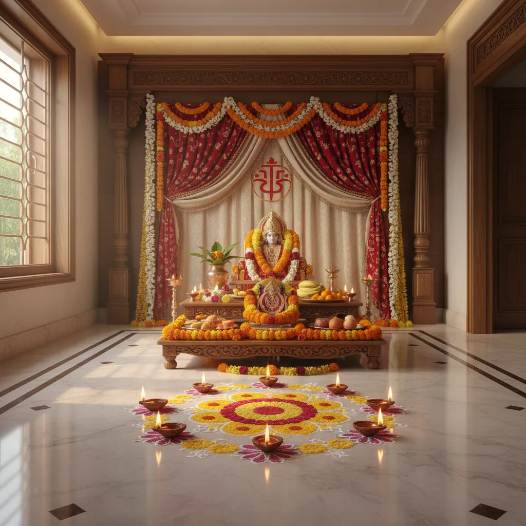 home pooja setup with rangoli and diya decoration