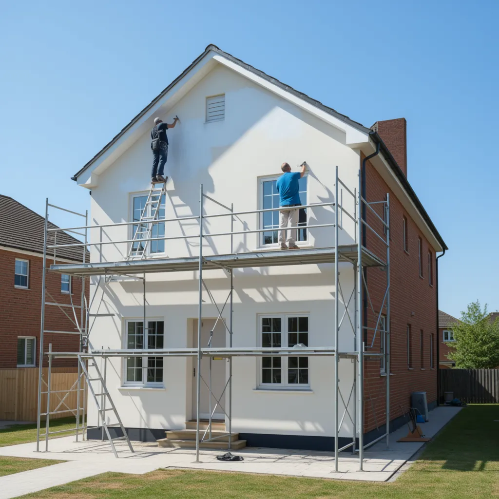 Painters using scaffolding to paint the upper level of a two story house