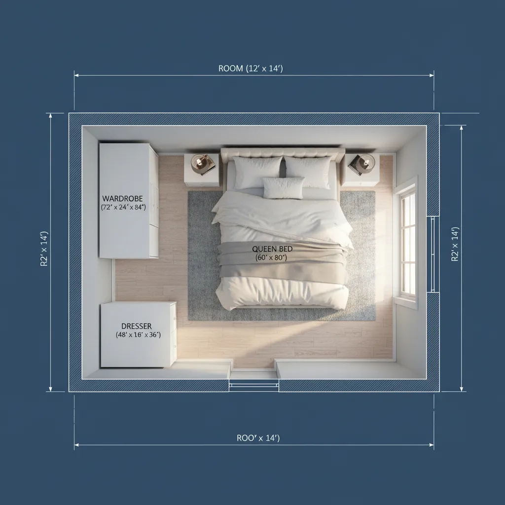scaled bedroom floor plan with accurate furniture dimensions and layout planning