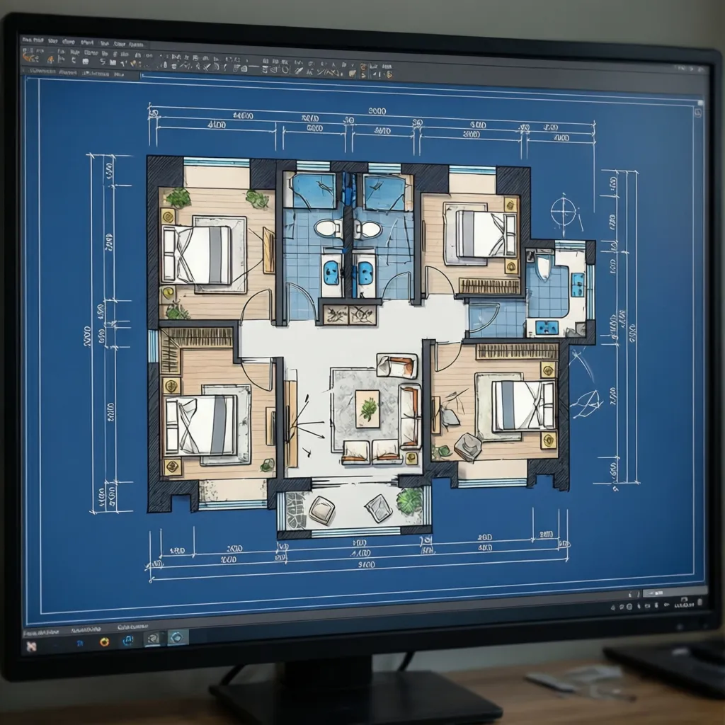 Denah rumah berskala dengan dimensi ukuran ruangan