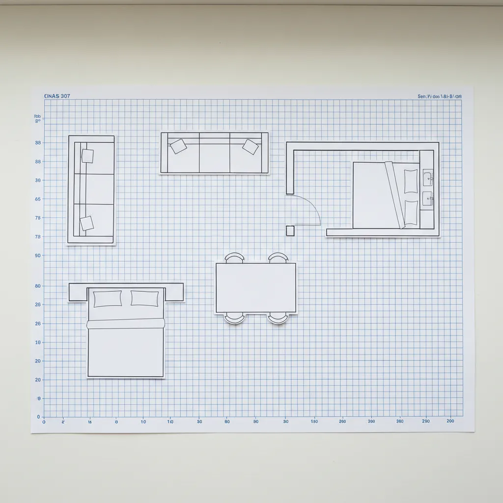 paper furniture cutouts placed on graph paper floor plan layout