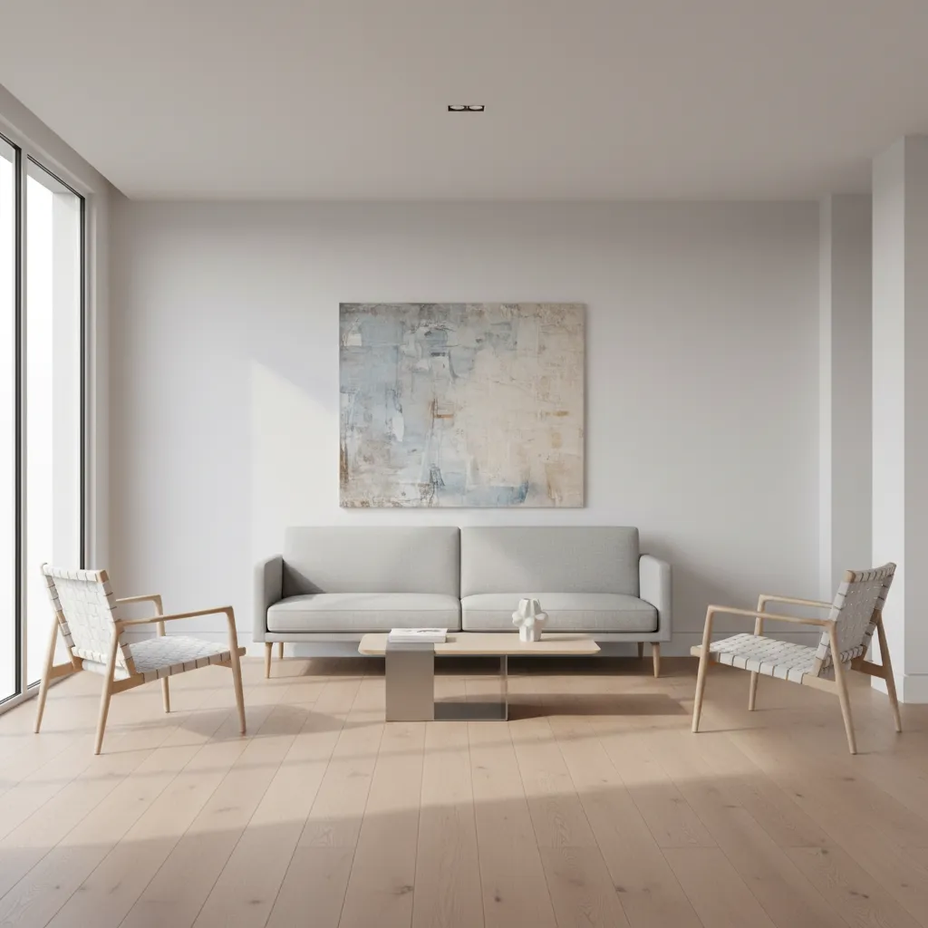living room with properly scaled sofa chairs and coffee table