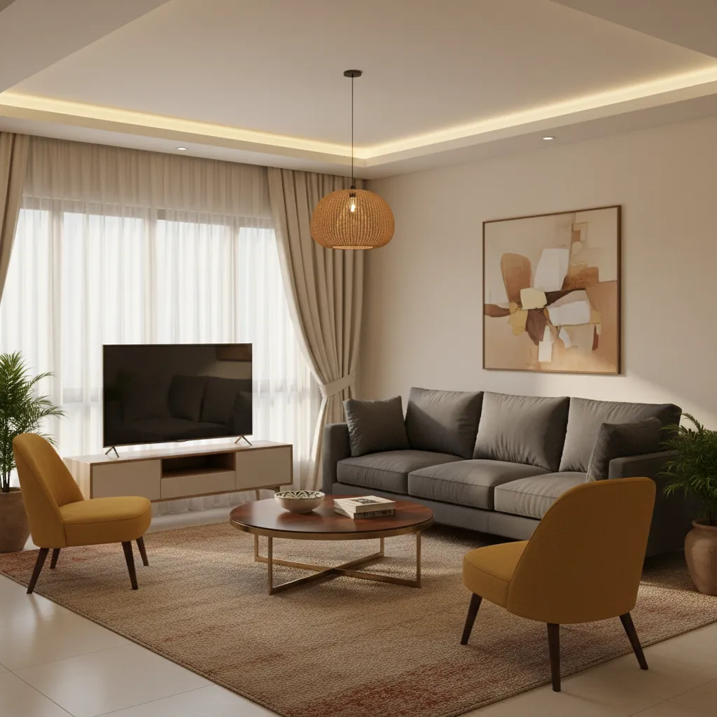 Living room with correctly scaled sofa chairs and coffee table in a medium sized space