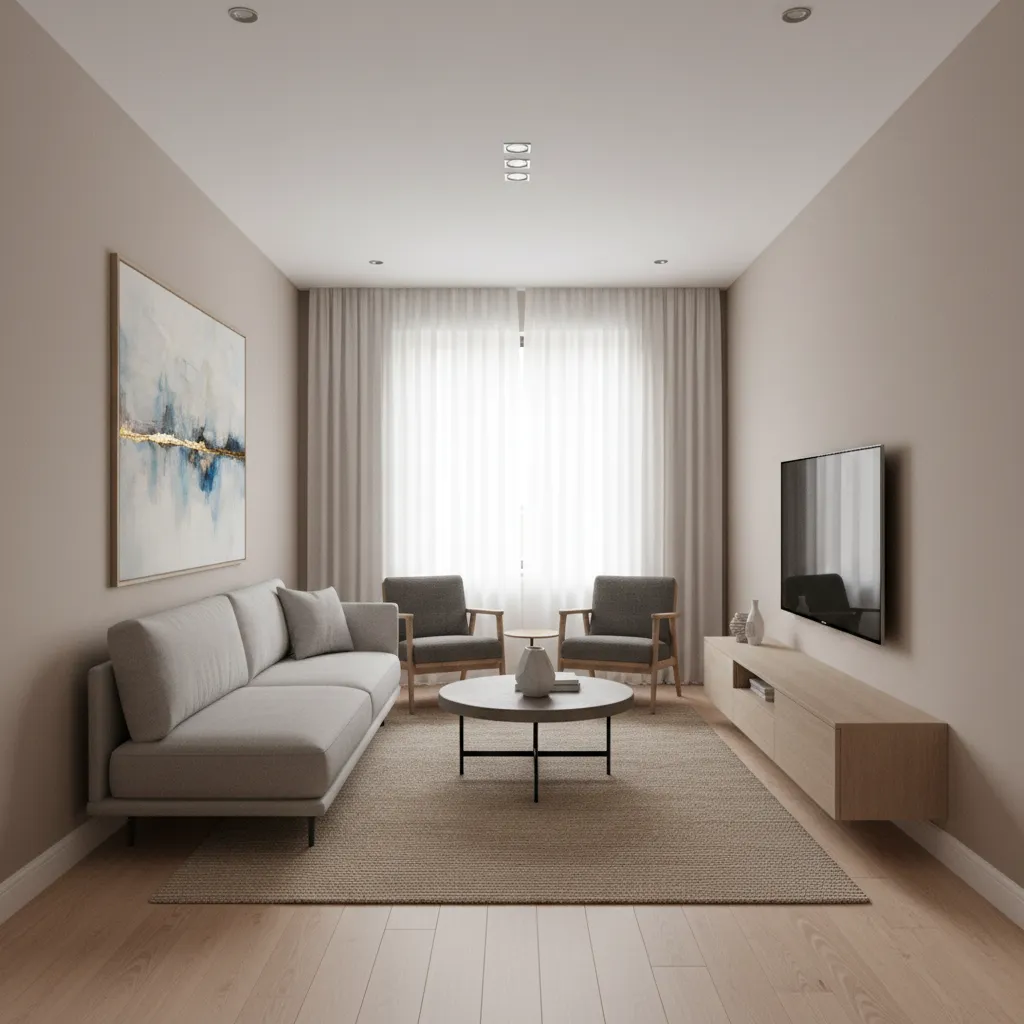 properly scaled furniture layout in a narrow rectangular living room