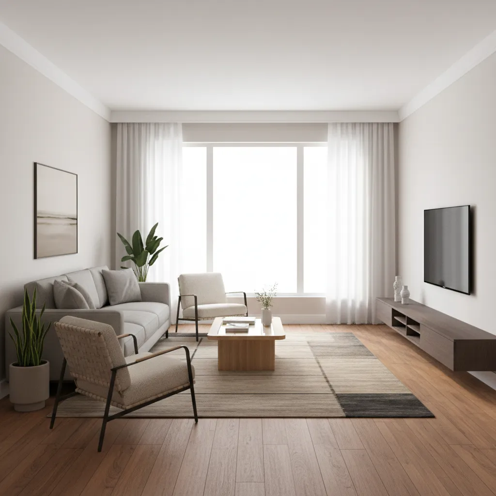 Properly scaled sofa and chairs arrangement in narrow rectangular living room