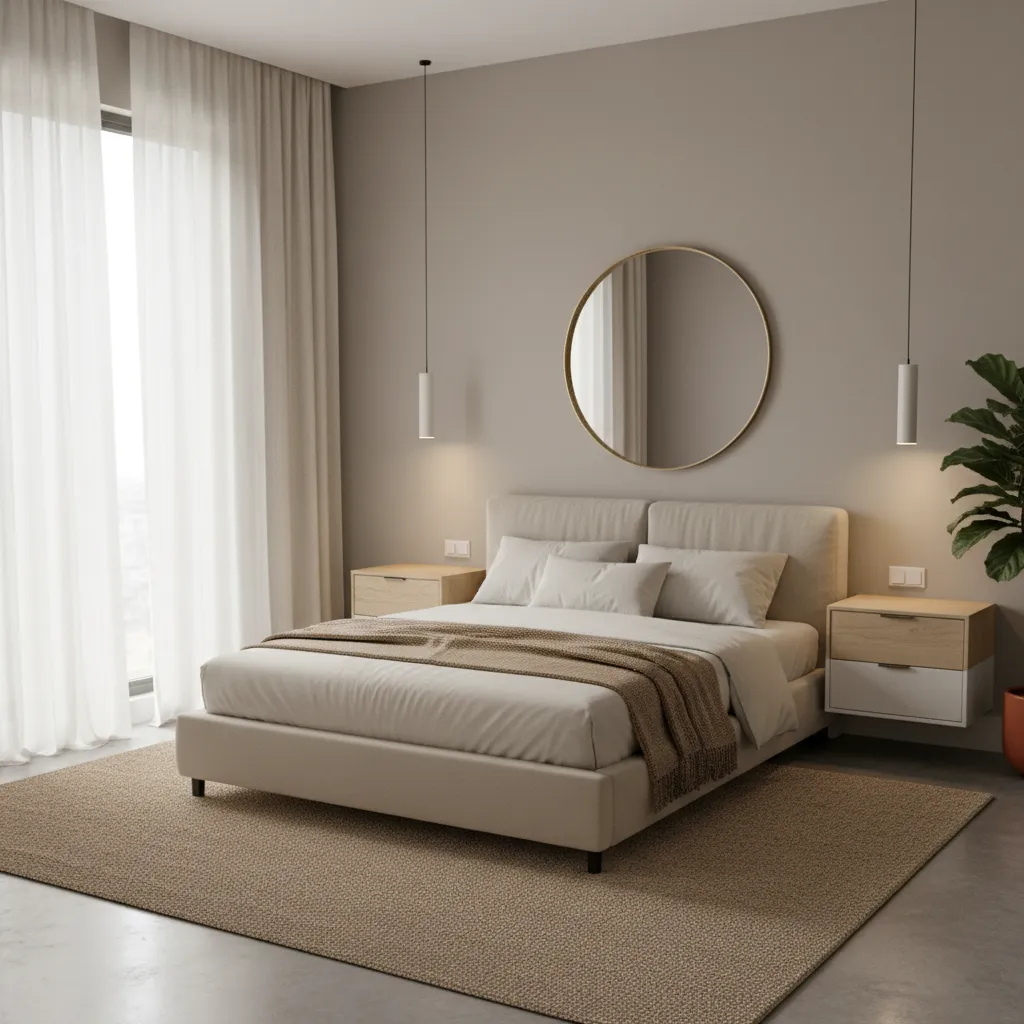 Small bedroom with scaled furniture and slim nightstands beside queen bed