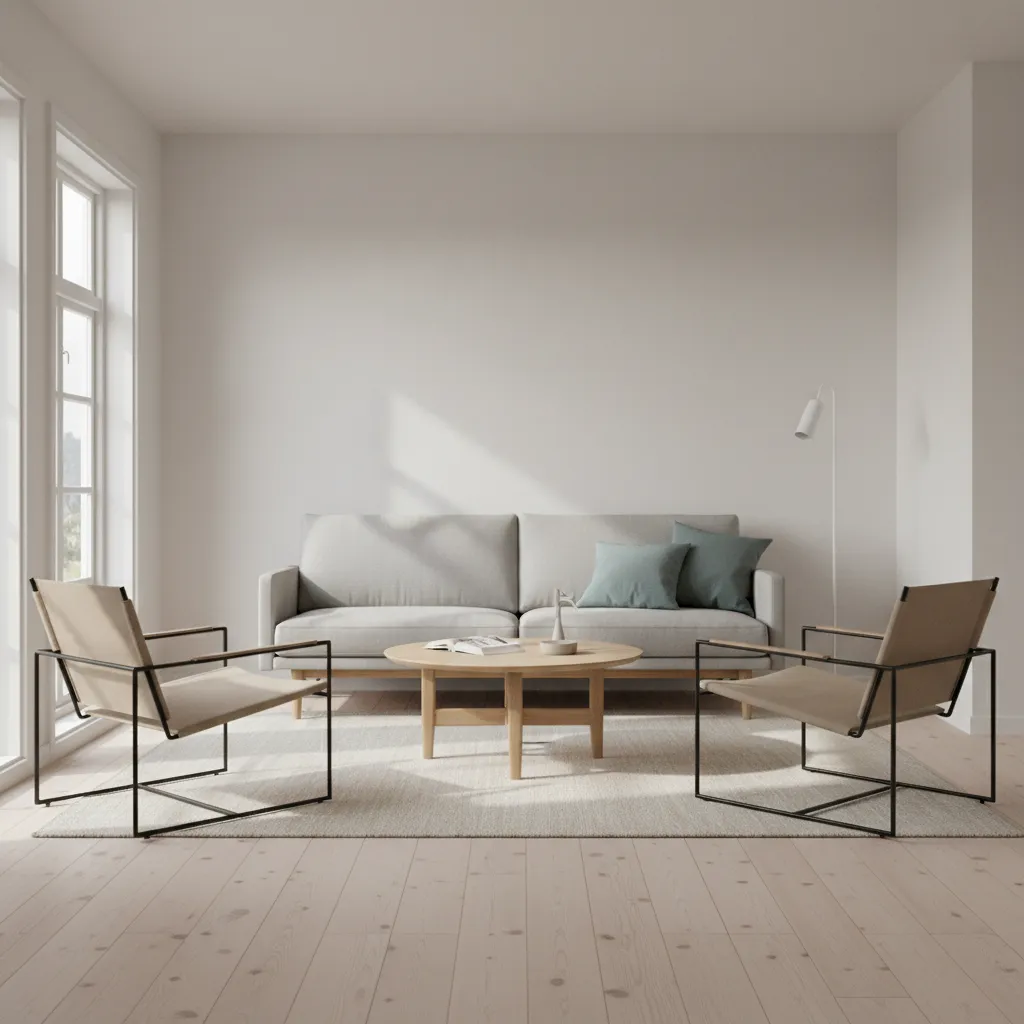 Scaled furniture arrangement in a small living room with slim sofa and lightweight chairs
