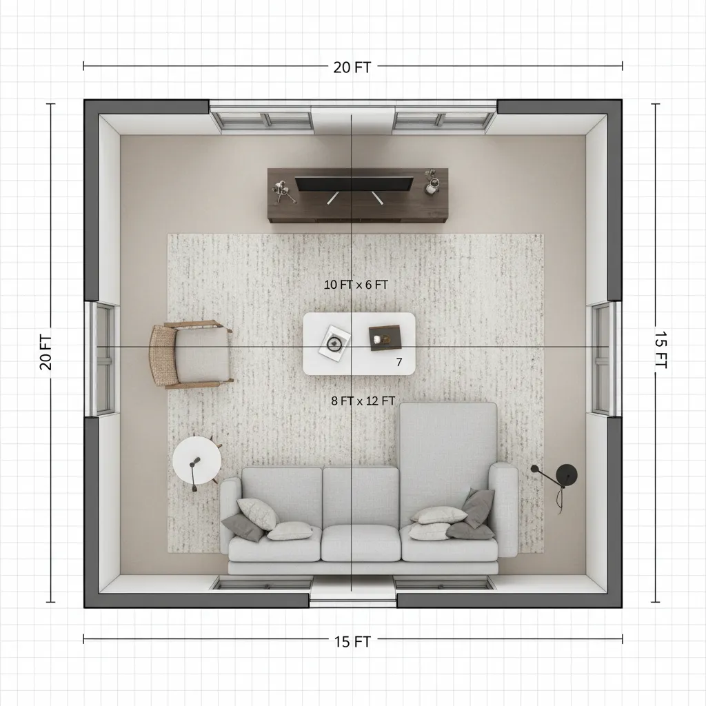 Digital scaled living room floor plan with sofa coffee table and walking clearance marked