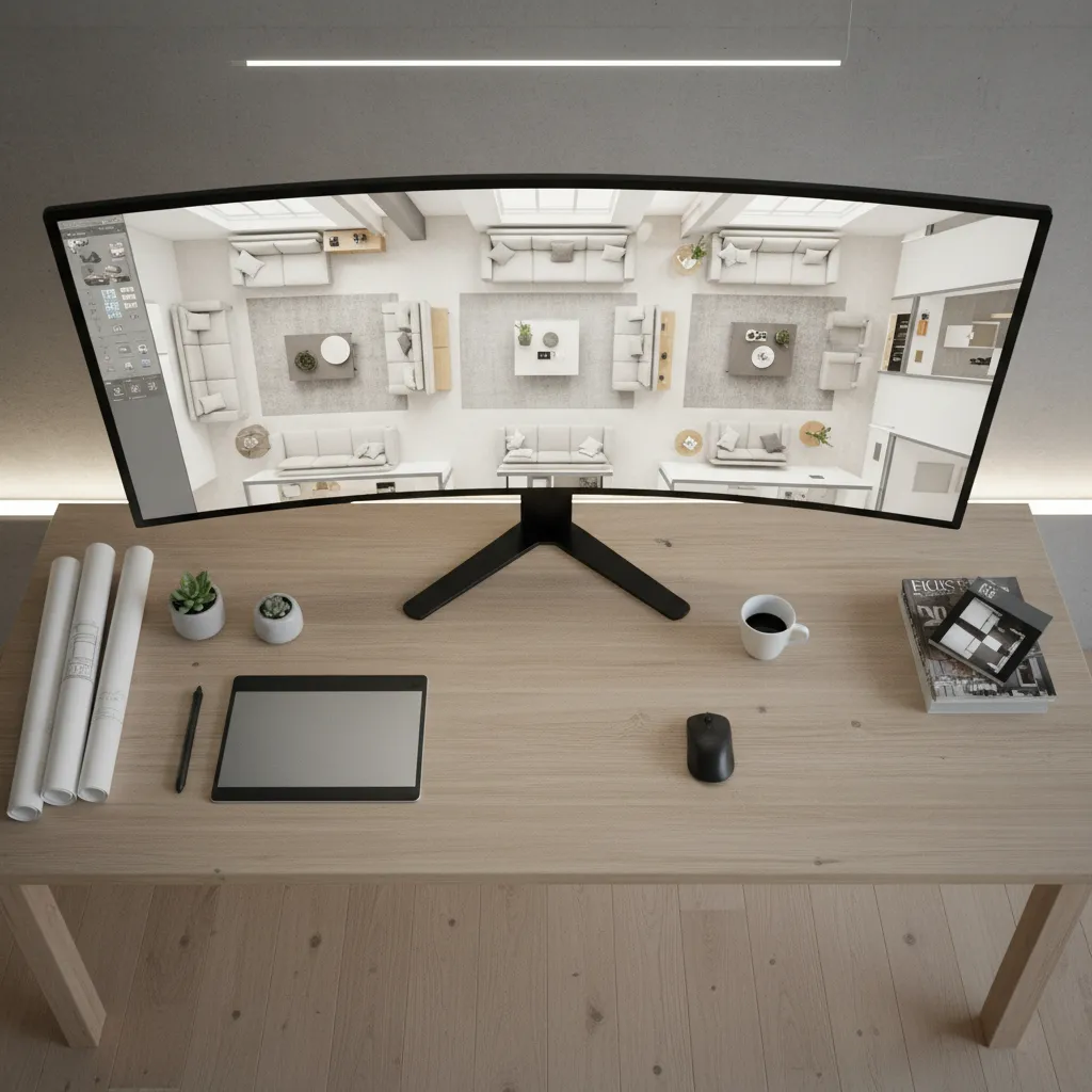 Interior designer testing furniture layout in a scaled living room floor plan
