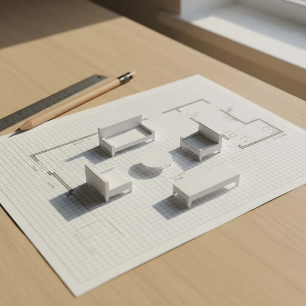 Graph paper room layout with cutout furniture pieces arranged on a table