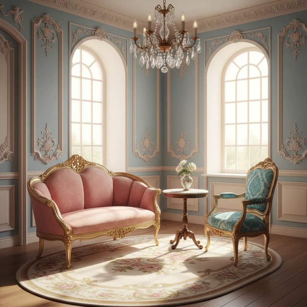 Scaled down rococo furniture pieces arranged in a small living room