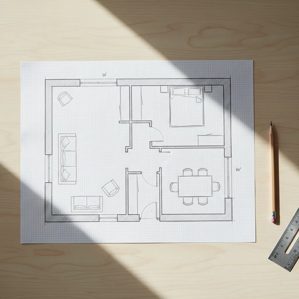 Hand drawn scaled room plan on graph paper with walls doors and windows marked