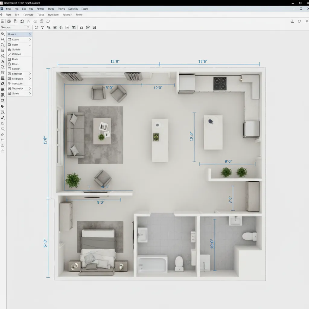 Accurate digital room planner showing scaled walls furniture and measurements