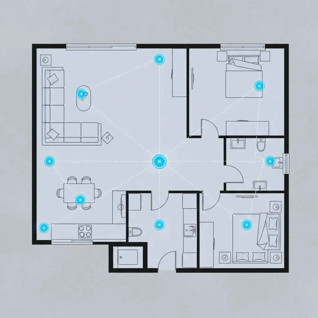 Diagram showing multiple 360 scan points aligned through a hallway and connected rooms