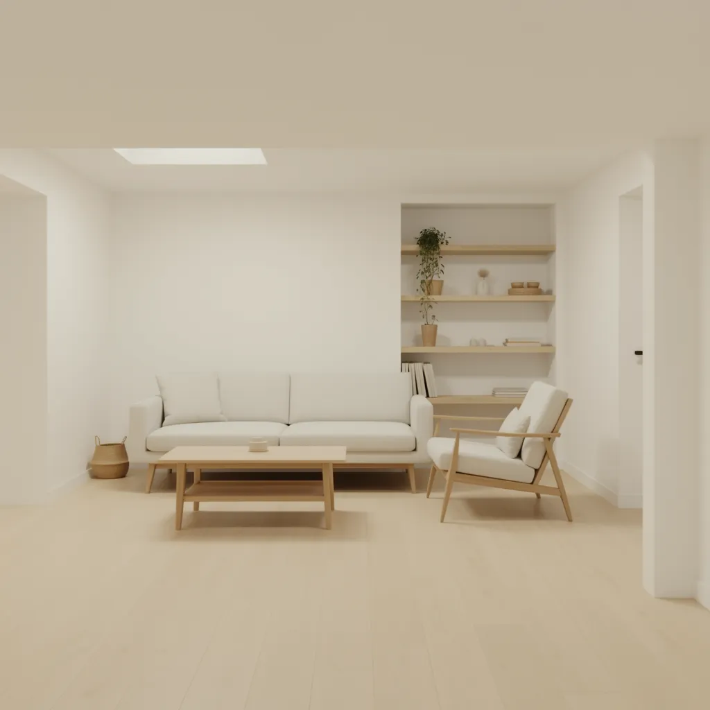 Bright Scandinavian basement with white walls and light wood furniture
