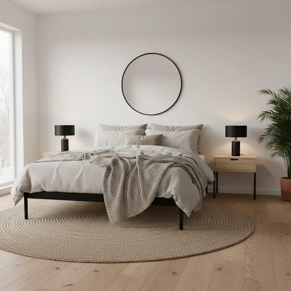 Scandinavian bedroom with black bed frame and light oak flooring