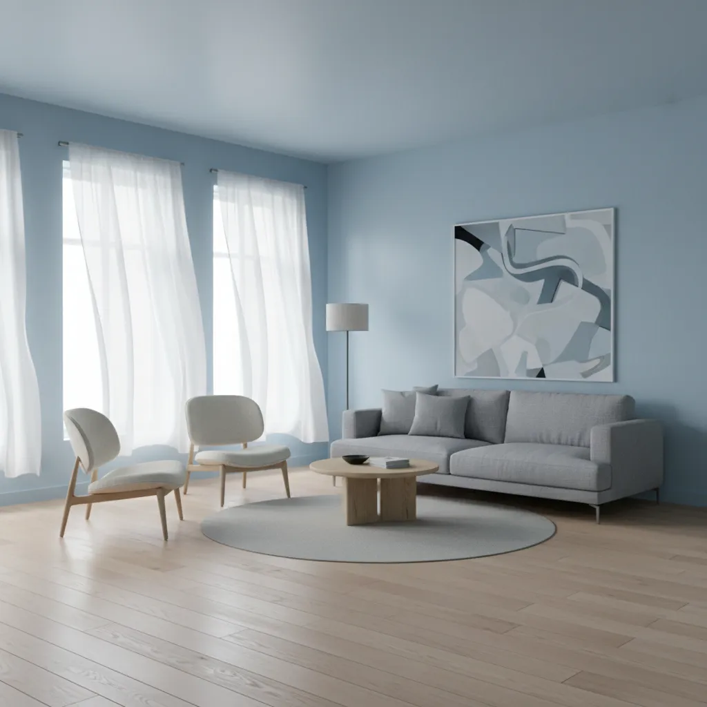 Scandinavian blue living room with light sheer curtains