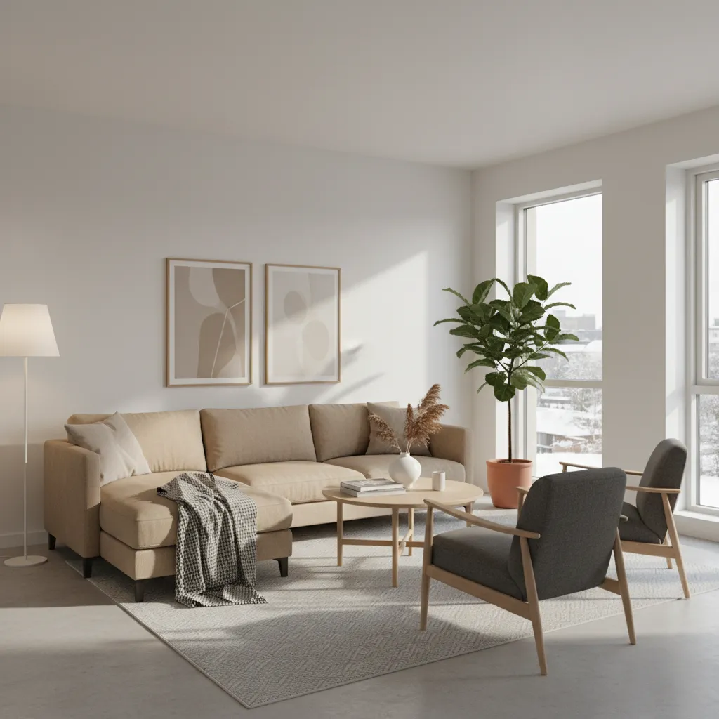 Interior escandinavo con paleta de colores neutros y muebles minimalistas