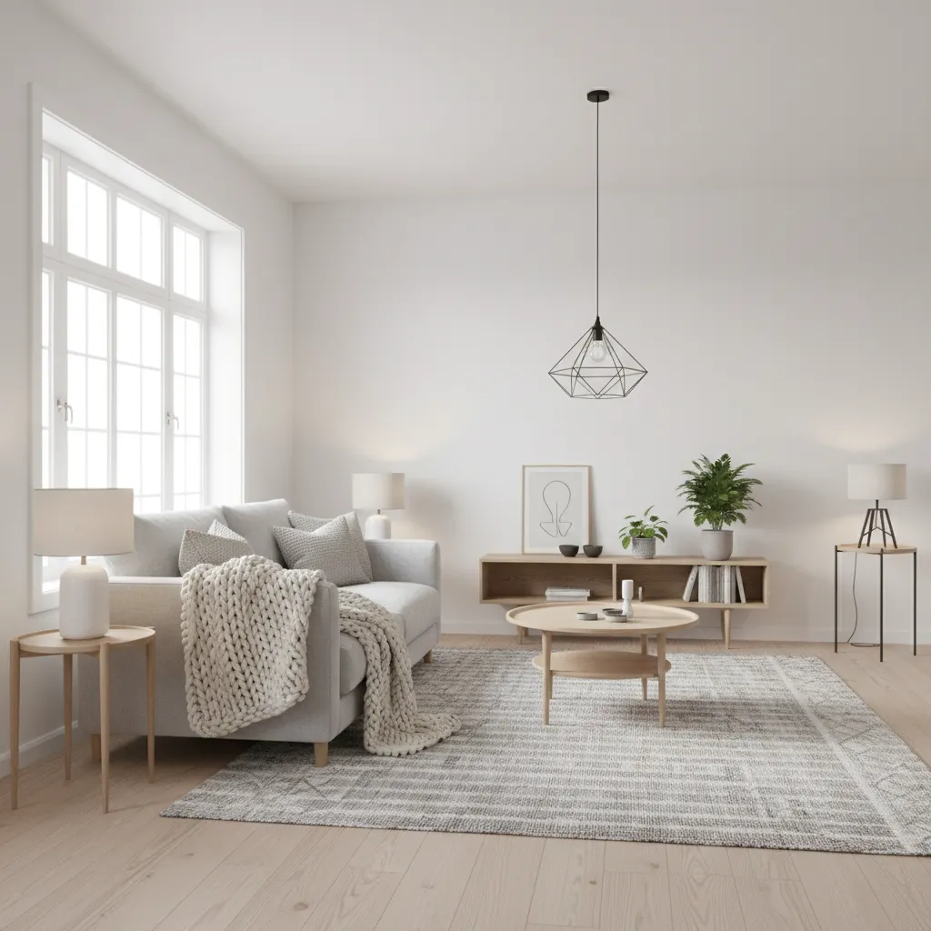 Bright Scandinavian living room with light wood furniture and layered lighting