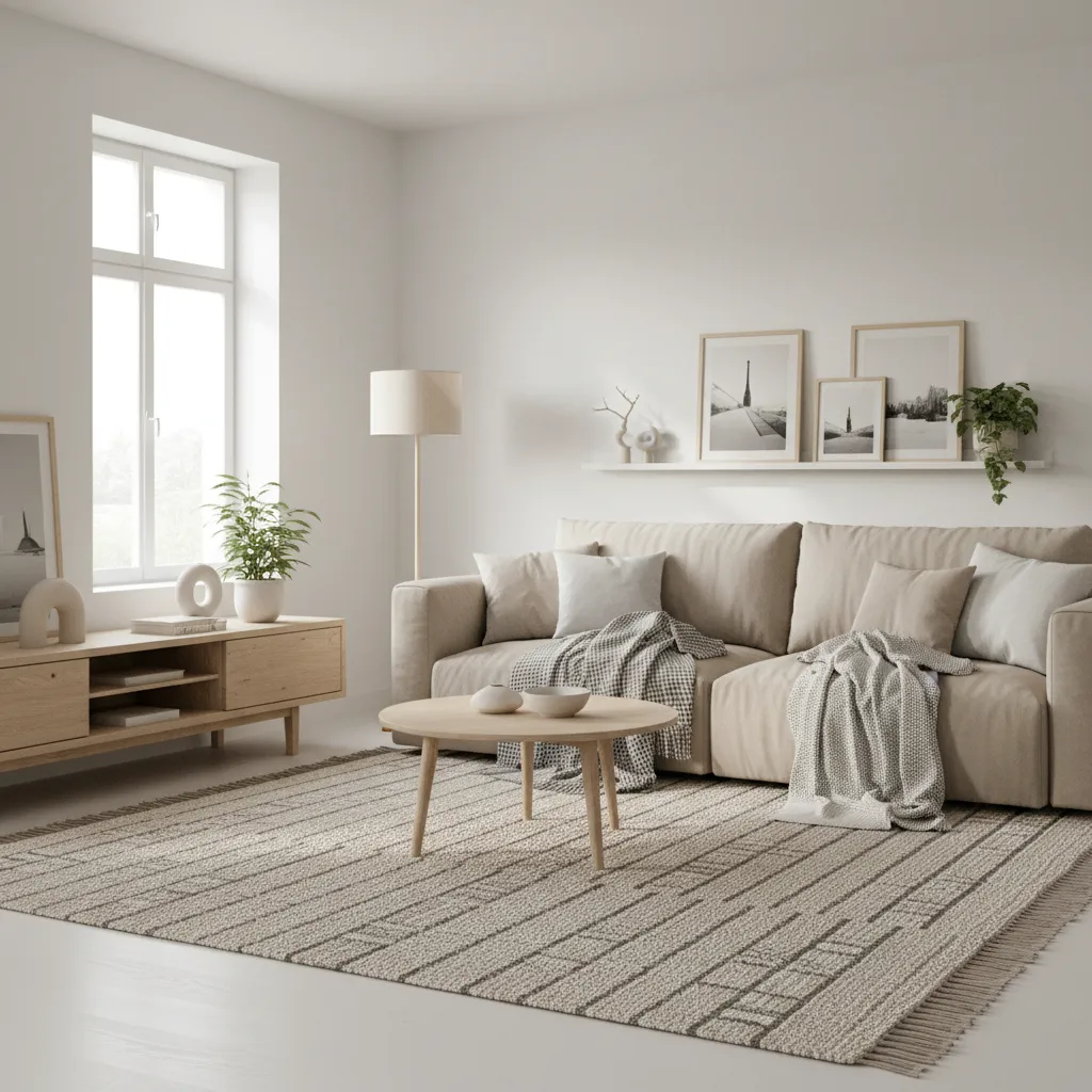 Scandinavian living room with layered textiles and soft neutral colors