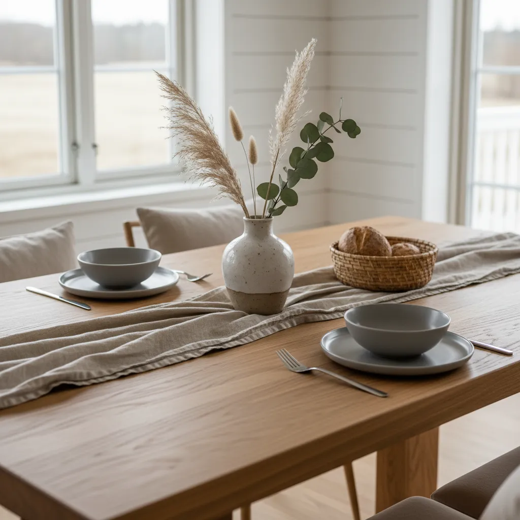 Detalle de mesa de comedor de madera clara con decoración minimalista