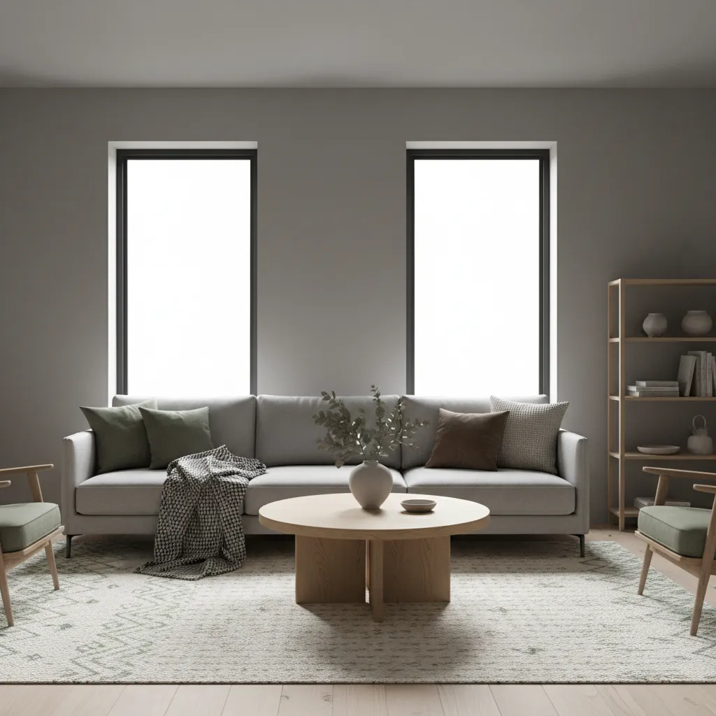 Scandinavian living room design using gray and green color palette
