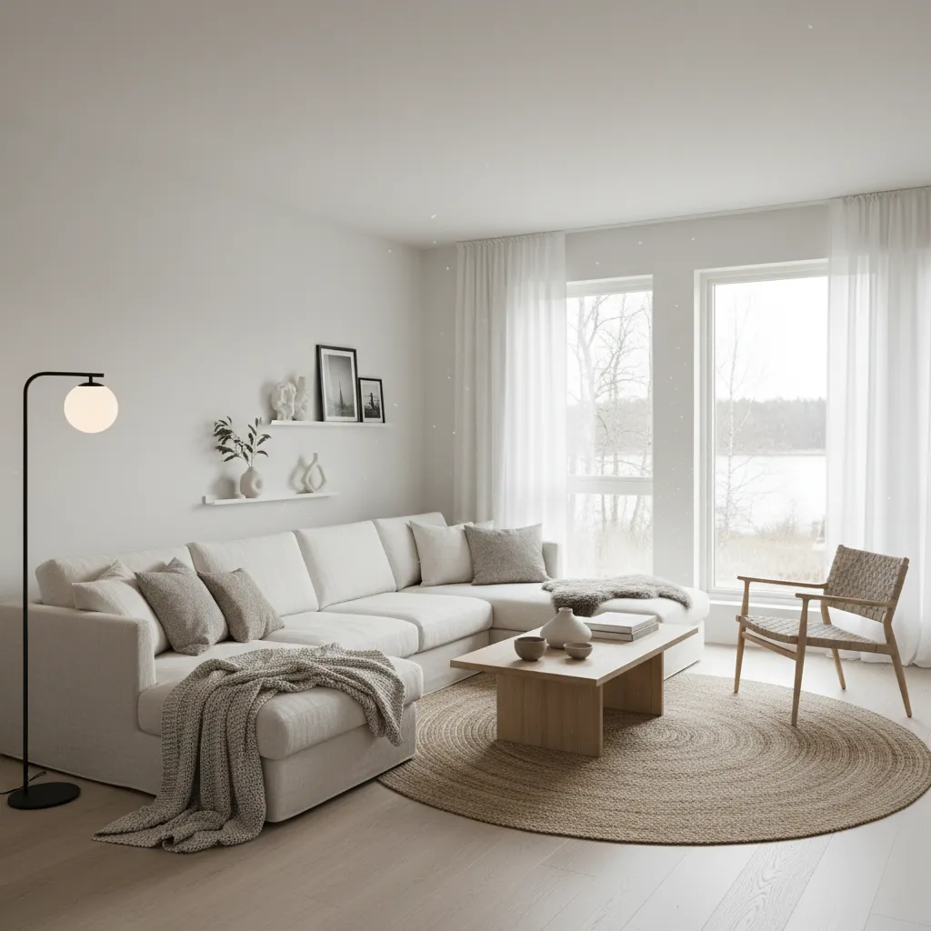 Bright living room with white sofa wooden coffee table round rug floor lamp and windows