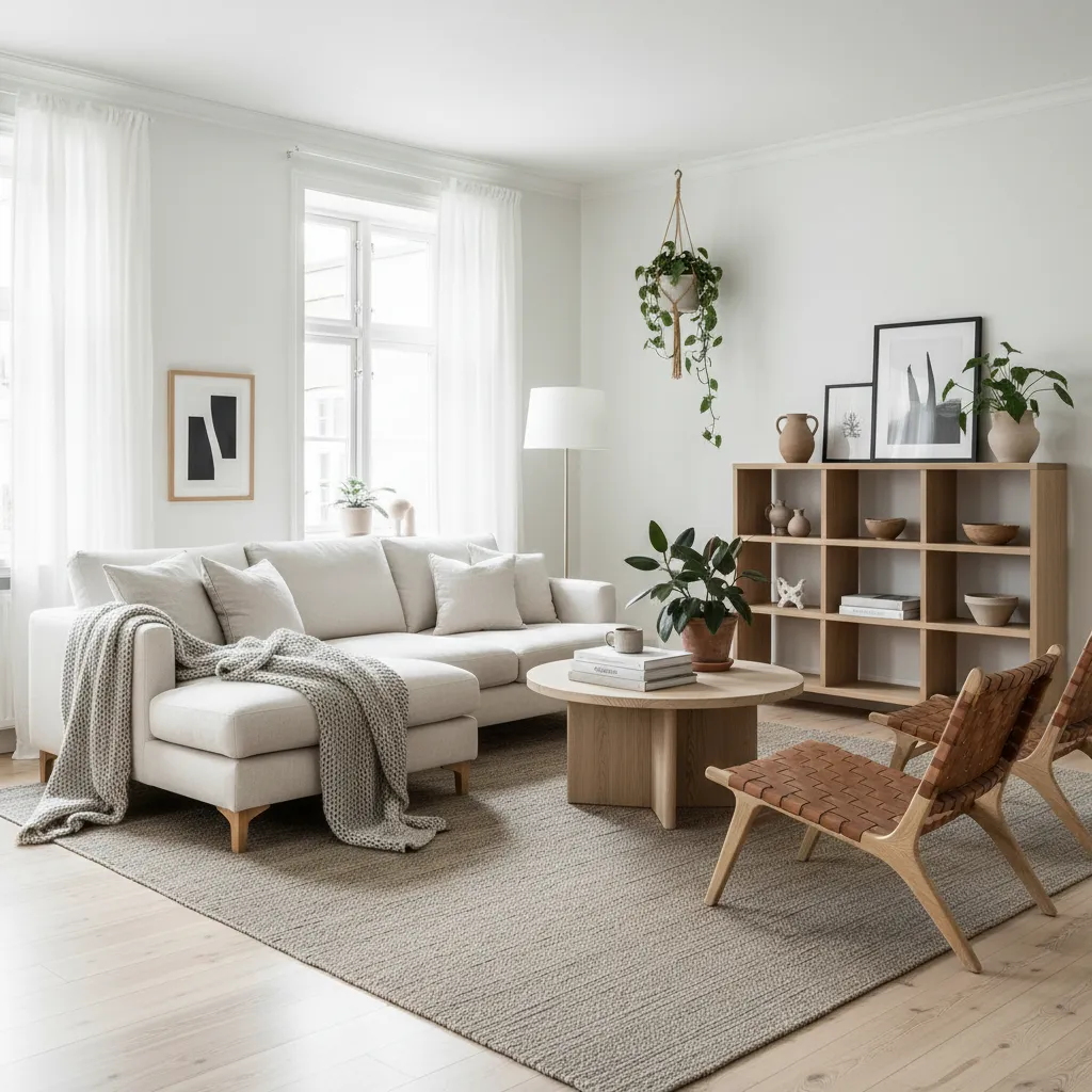 Interior escandinavo luminoso con madera clara y decoración simple