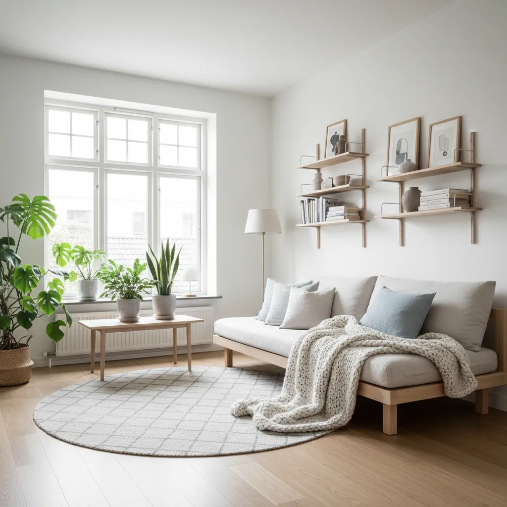 Bright living room with white walls wooden sofa round rug potted plants and wall shelves