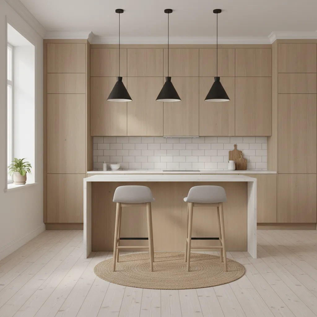 scandinavian kitchen with wood cabinets and black cone pendant lights