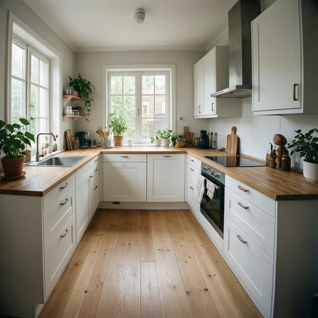 Cocina estilo nórdico con armarios blancos y encimera de madera