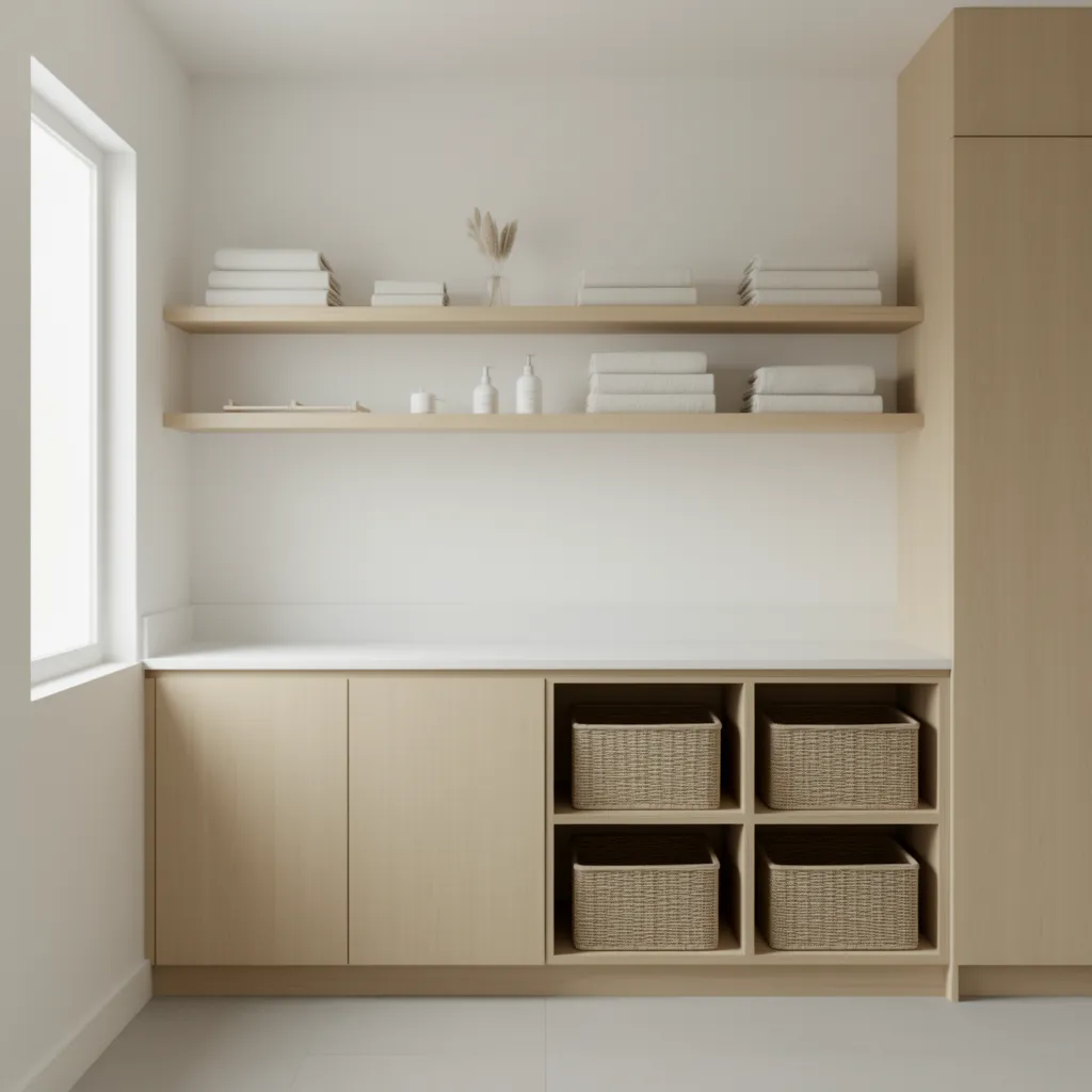 scandinavian minimalist laundry room with wooden drying rails and natural light