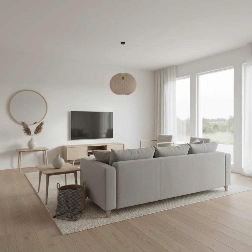 bright Scandinavian living room with white walls and light oak furniture