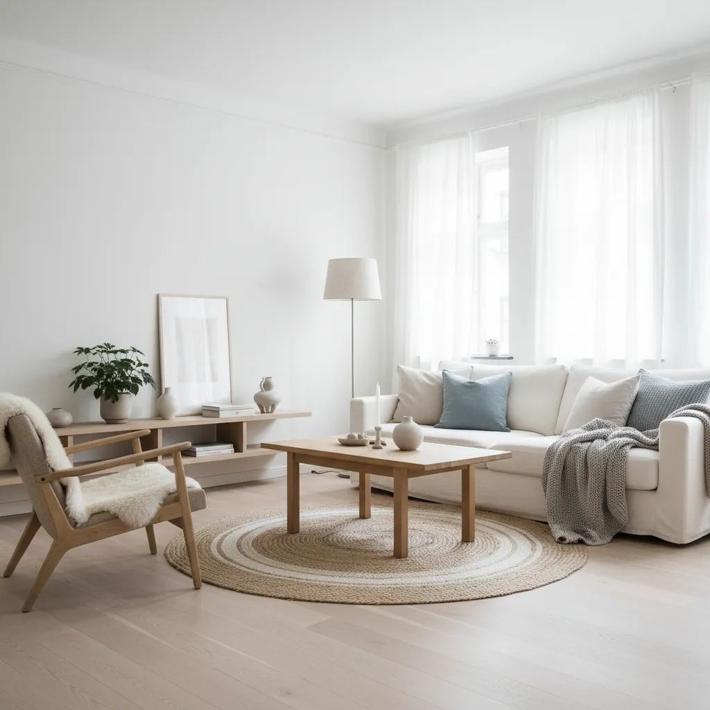 Salón escandinavo luminoso con madera clara