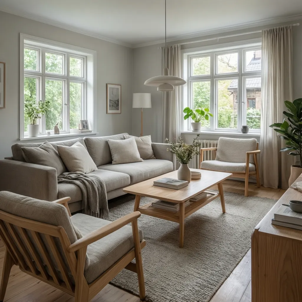 Distribución de salón escandinavo con sofá claro y muebles de madera