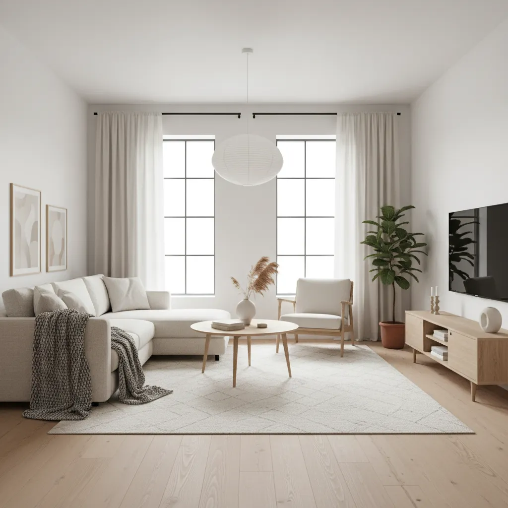 Bright Scandinavian living room with light wood furniture and neutral colors