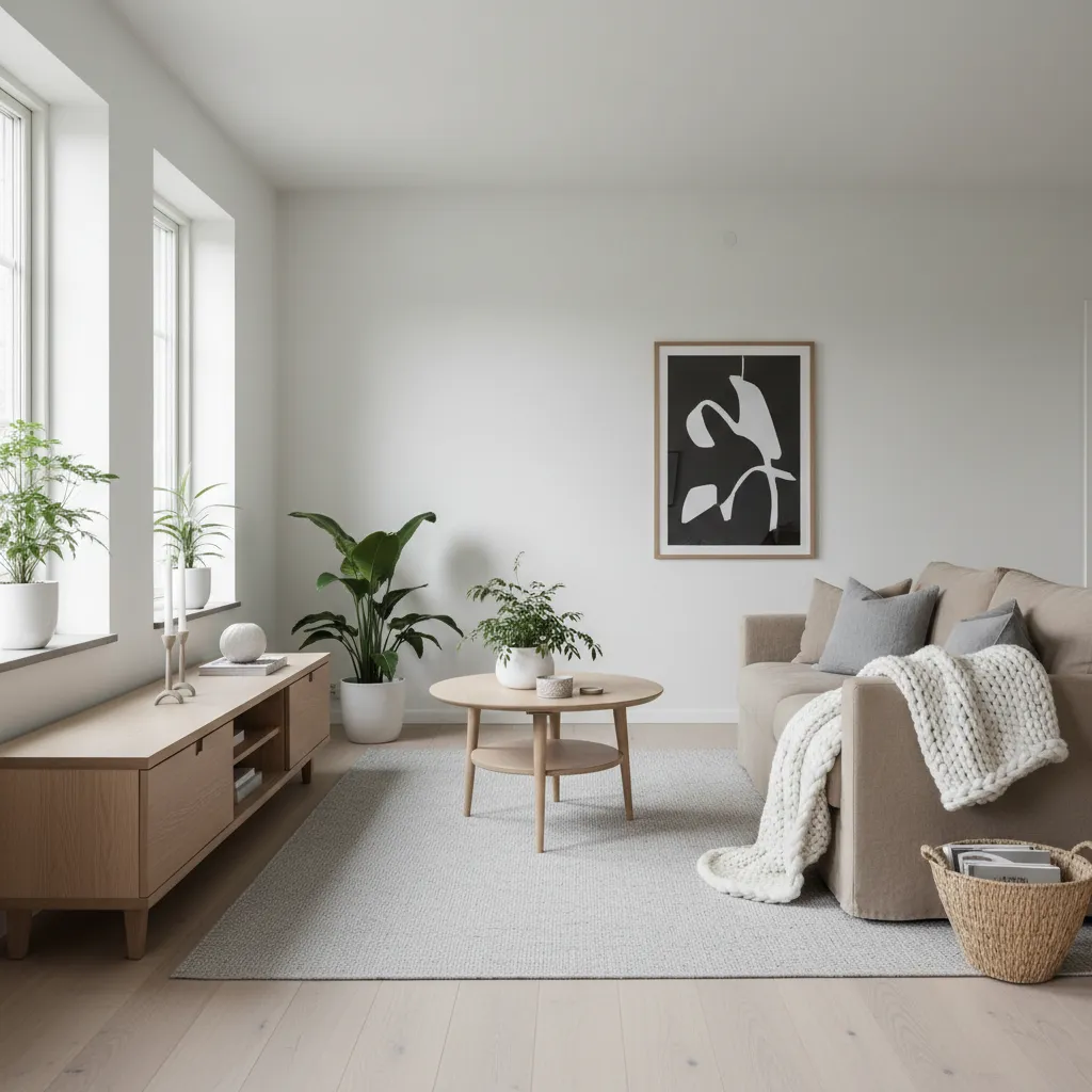 Bright Scandinavian living room with light wood furniture and neutral textiles