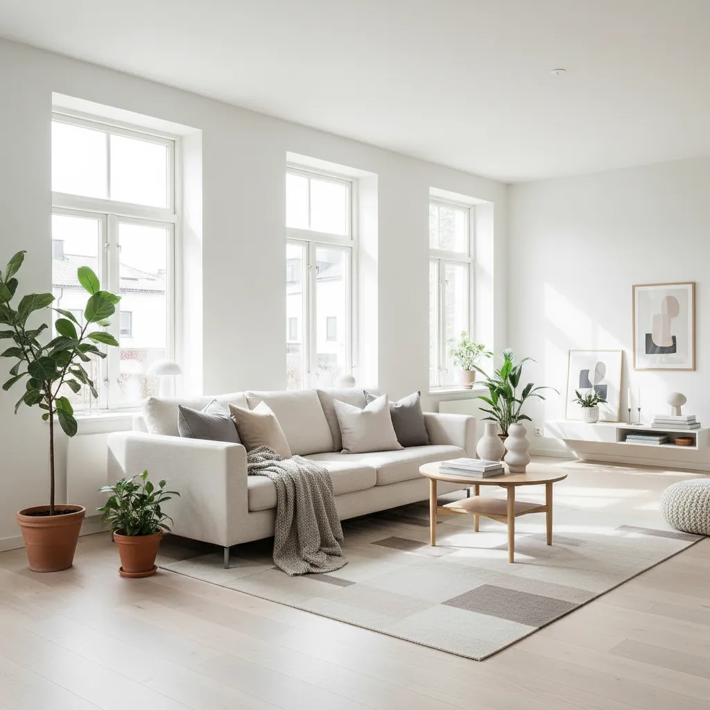 Salón escandinavo con grandes ventanas y decoración minimalista