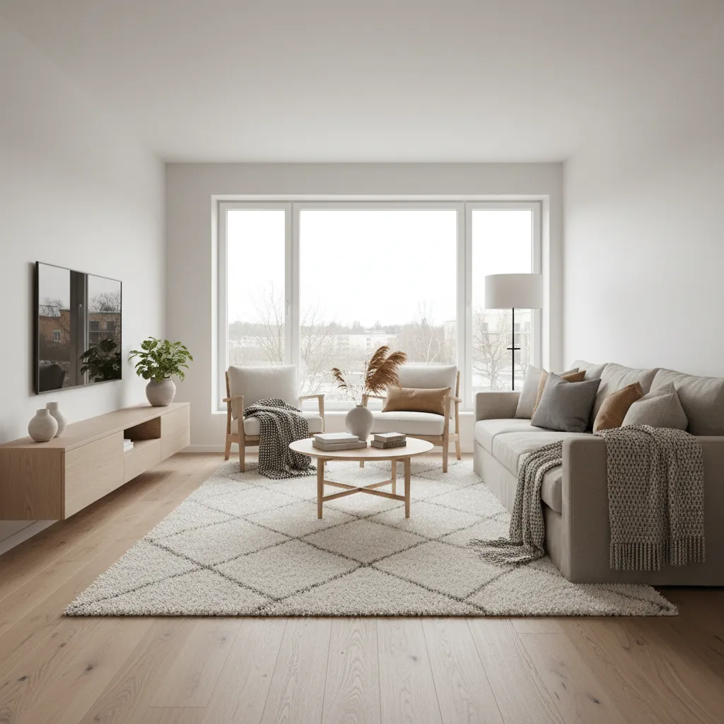 Scandinavian living room with light wood furniture, soft textiles and neutral colors
