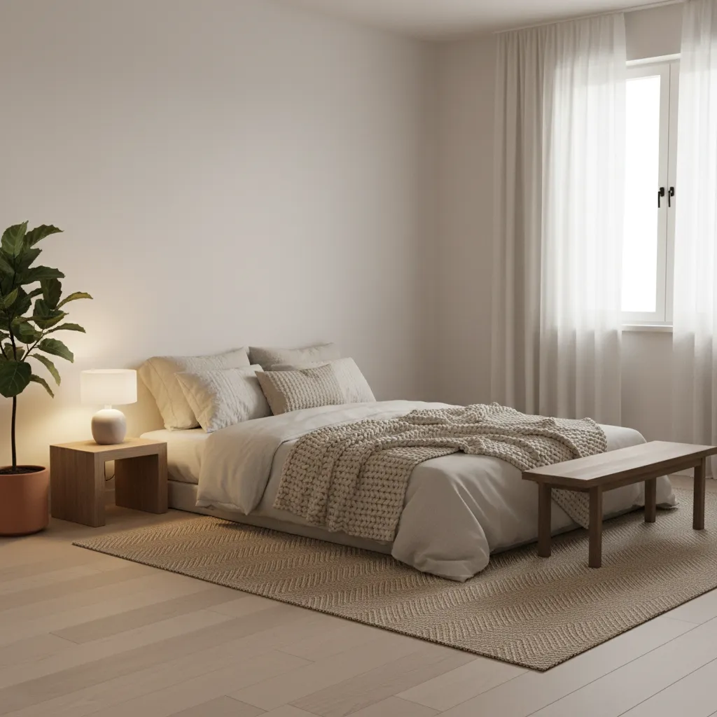 scandinavian style low mattress bedroom with rug and soft lighting