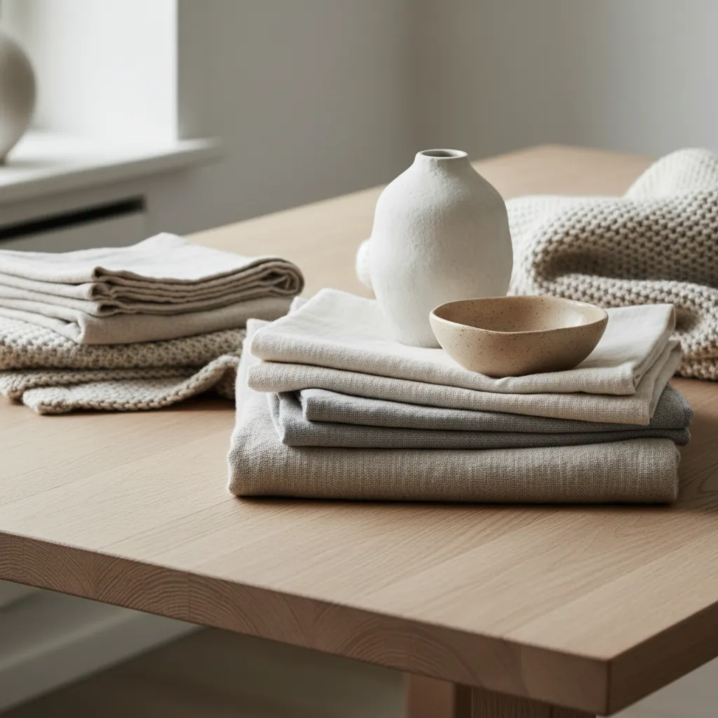 Detalle de materiales naturales en interior escandinavo con madera clara y textiles