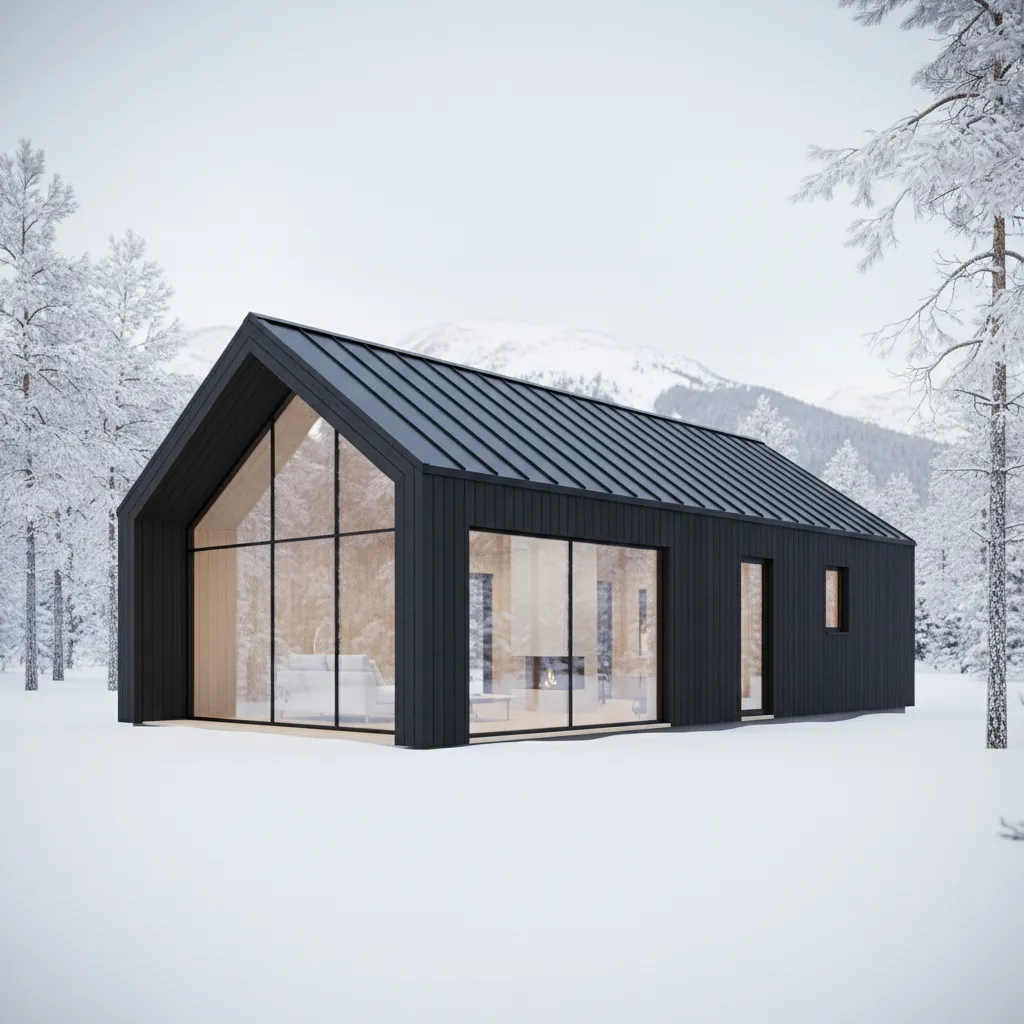 scandinavian style cabin with black metal roof and wood facade