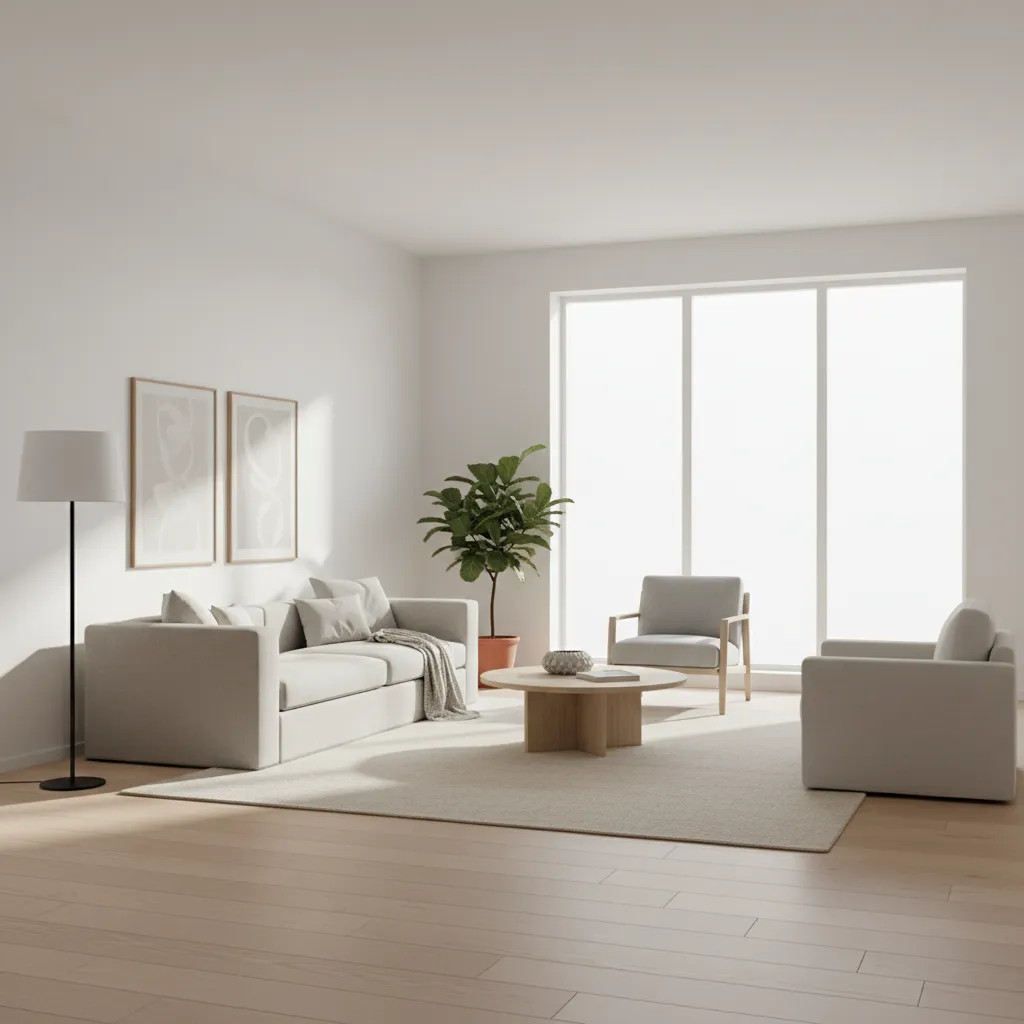 Minimalist Scandinavian interior scene with soft neutral colors and natural light