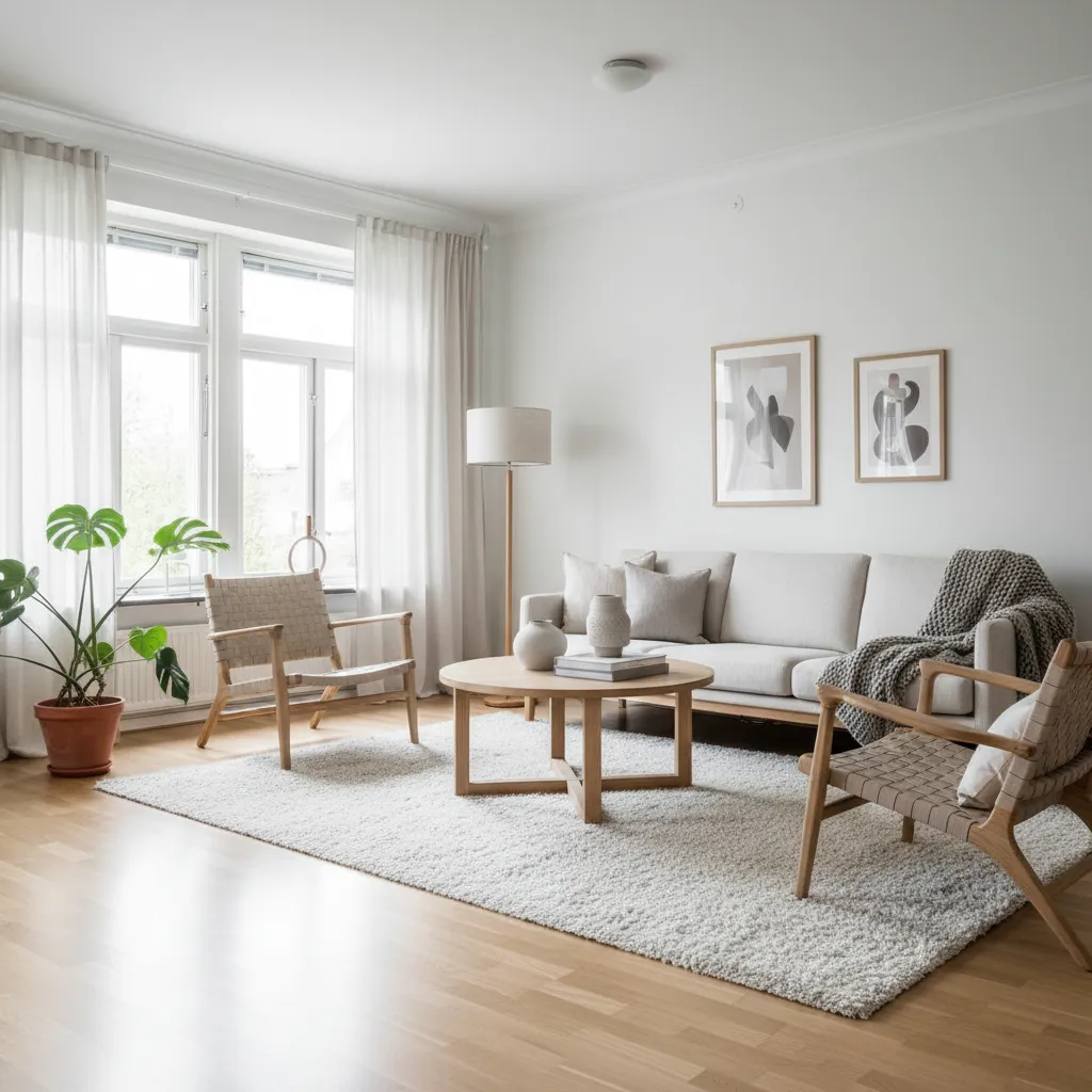 Interior moderno escandinavo con madera clara y decoración sencilla