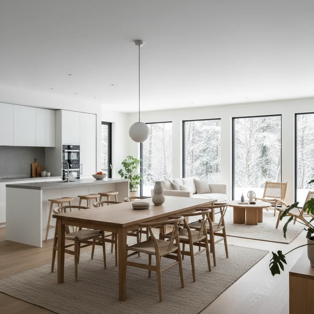 Comedor escandinavo integrado en un espacio abierto con cocina y salón