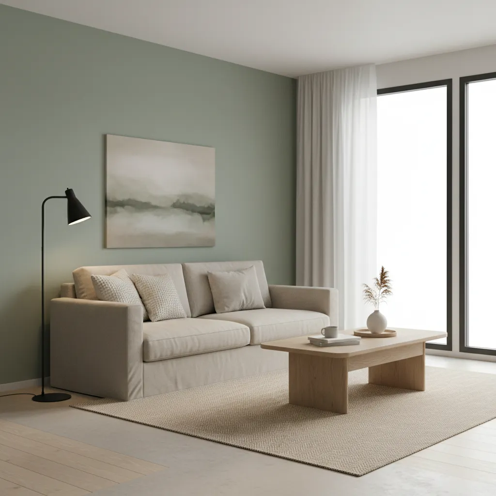 scandinavian living room with sage green wall and light oak furniture