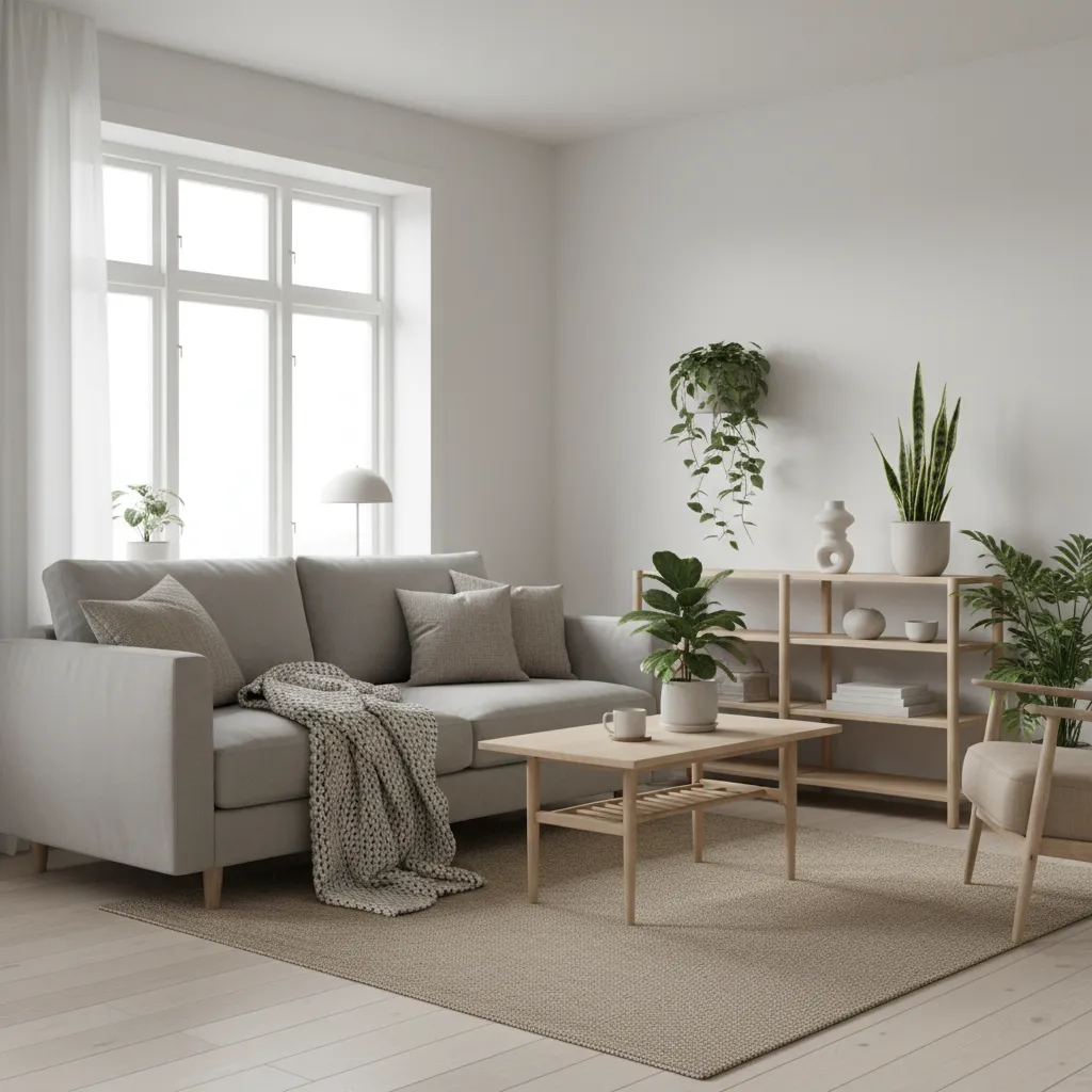 scandinavian style small apartment living room with light wood and cozy textiles