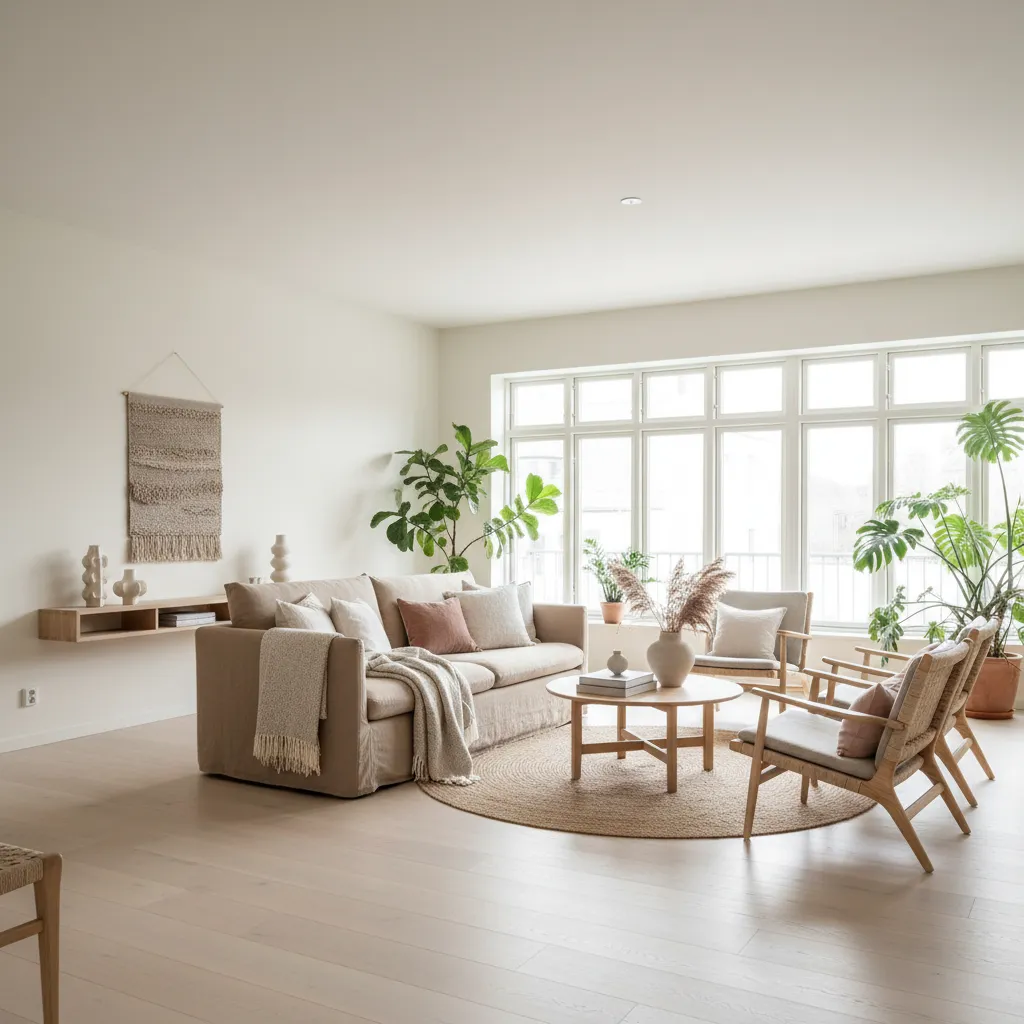 Sala de estar estilo escandinavo con madera clara y tonos neutros